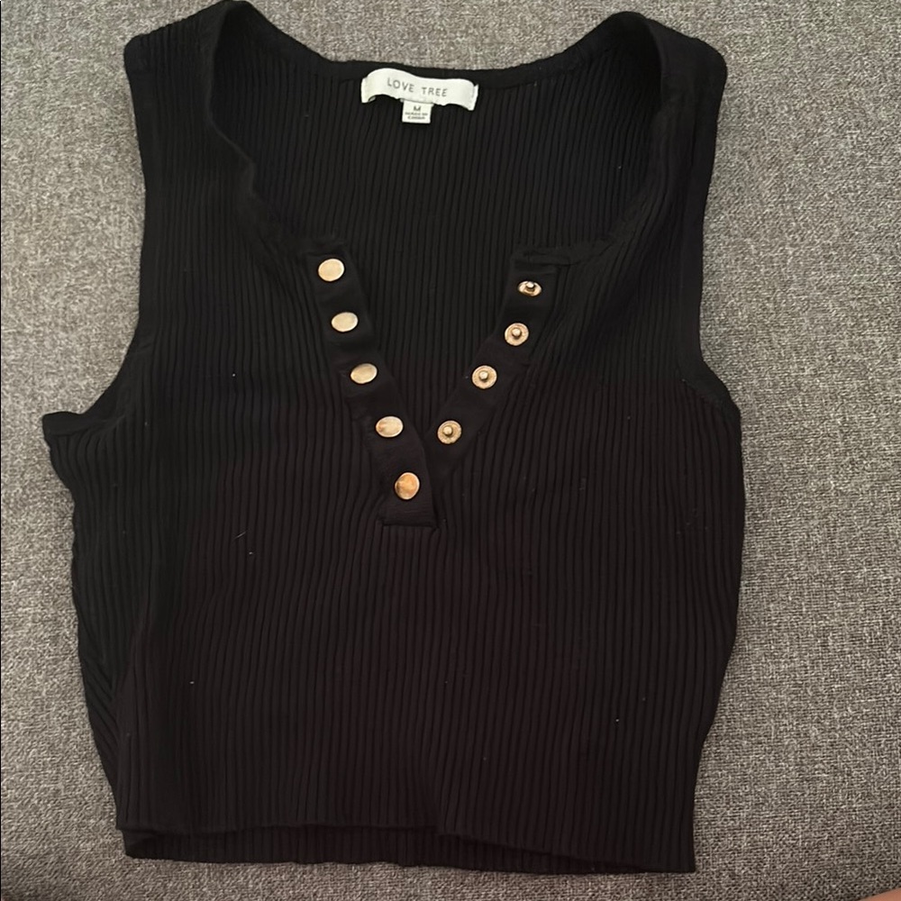 Love Tree Black and Gold Ribbed Crop Tank Top
